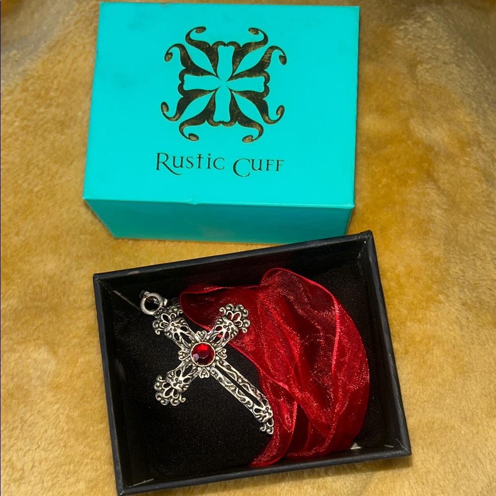 Rustic Cuff Red Ribbon Cross Necklace - Picture 5 of 5
